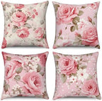 Rose Flowers Pillow Covers Pink Floral Green Leaves Set of 4 Blooming Peony Bouquet Retro Vintage Romantic Square Linen Pillowcases for Outdoor Couch Sofa Bedroom Patio Farmhouse 24x24Inch by VieSavaran