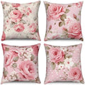Rose Flowers Pillow Covers Pink Floral Green Leaves Set of 4 Blooming Peony Bouquet Retro Vintage Romantic Square Linen Pillowcases for Outdoor Couch Sofa Bedroom Patio Farmhouse 26x26Inch by VieSavaran