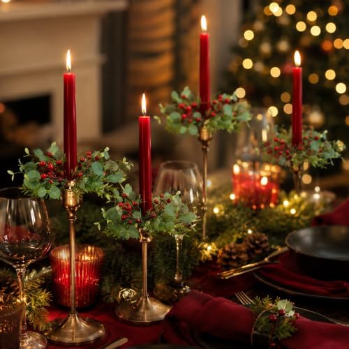 12 PCS Christmas Pine Taper Candle Rings Wreaths 1.38" Mini Norfolk Cedar Taper Candle Holder Wreaths Candle Rings with Berry for Xmas Winter Holiday Church Home Table Centerpiece Candlesticks Decor - Image 2