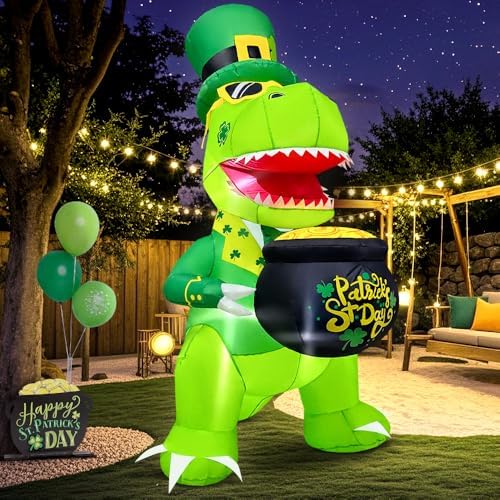 KOOY 5 FT St Patricks Inflatable Dinosaur Hold Gold Pot Outdoor Decor with Shamrock Hat, Saint Patricks Blow Up Inflatable Irish Decorations for Yard Holiday Party Blow Up Yard Decorations - Image 4