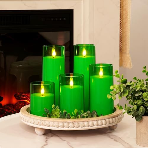 Homemory Green Flickering Flameless Candles, Battery Operated Acrylic LED Pillar Candles with Remote Control and Timer, Set of 5, St. Patrick's Day - Image 2