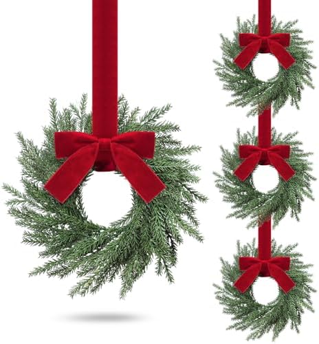 4 Pcs Small Christmas Norfolk Wreaths Evergreen 12.6 Inch Christmas Kitchen Cabinet Mini Wreaths Real Touch with Bow and Burgundy Ribbon for Xmas Front Door Window Home Table Pillar Decor by Luinabio