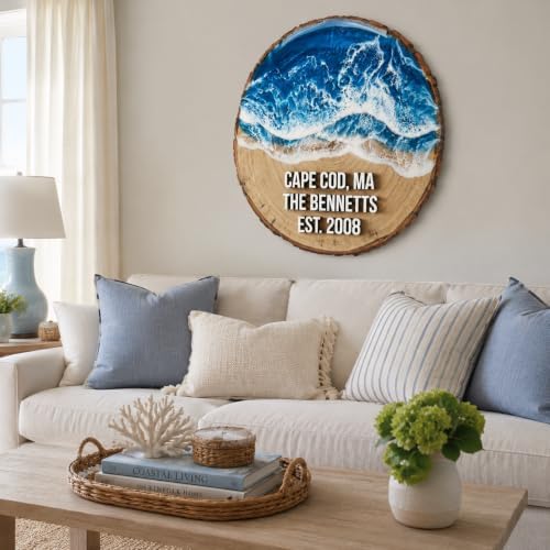 Personalized Family Name Sign, Custom Faux Resin Ocean Wave Wall Decor, Beach House Wood Slice Plaque, Flat MDF Board with Realistic 3D Print (Not Real Wood or Epoxy), Coastal Home Art - Image 4