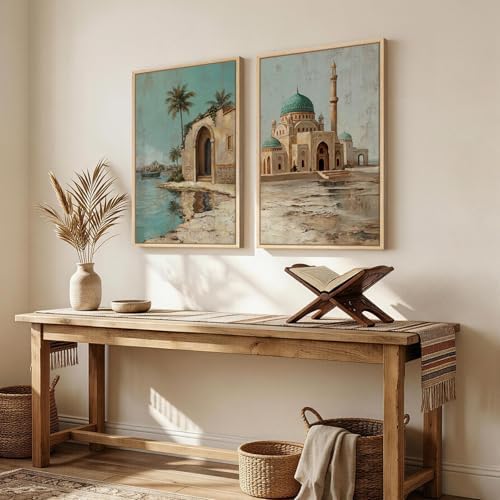 Framed Vintage Islamic Mosque Landscape Canvas Wall Art, Set of 2 - Image 4