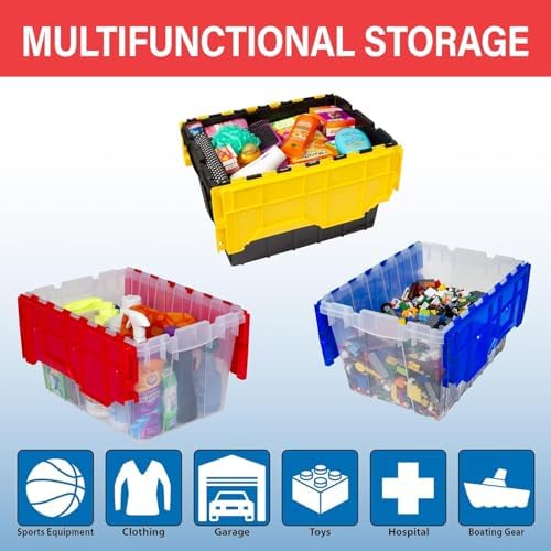 Akro-Mils KeepBox 12 Gal Storage Box, Lid Attached, Stackable, Clear/Red - Image 4