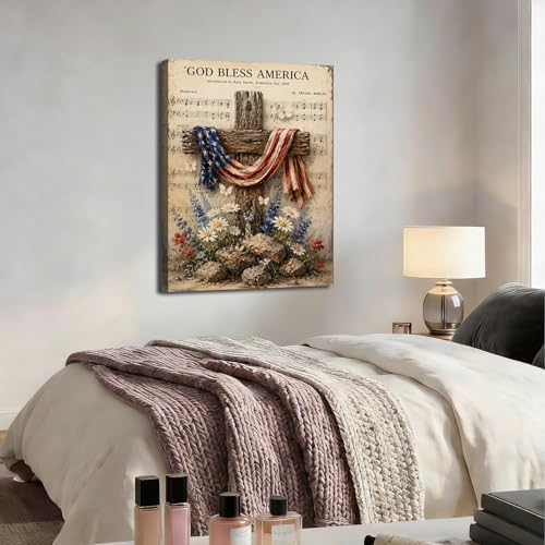 Ship Next Day – Patriotic Canvas Wall Art, God Bless America Cross with Flag, Rustic Country Farmhouse Decor, Wildflowers and Rocks, Americana Framed Prints for Bedroom - Image 5