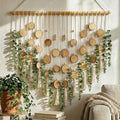 Macrame Leaf Wall Hanging Fake Eucalyptus Decor with 2-Piece Wood Slices Wall Decor Large for Bathroom Bedroom Kitchen, Artificial Wall Hanging Plants，Boho Wall Art by TRITOUR