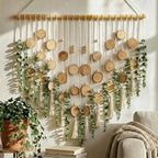 Macrame Leaf Wall Hanging Fake Eucalyptus Decor with 2-Piece Wood Slices Wall Decor Large for Bathroom Bedroom Kitchen, Artificial Wall Hanging Plants，Boho Wall Art by TRITOUR