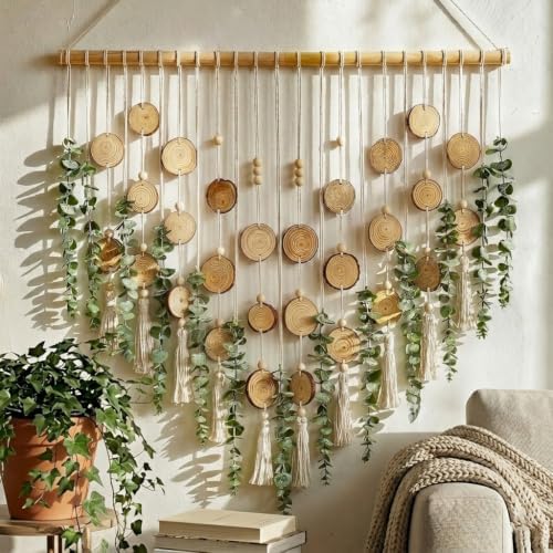 Macrame Leaf Wall Hanging Fake Eucalyptus Decor with 2-Piece Wood Slices Wall Decor Large for Bathroom Bedroom Kitchen, Artificial Wall Hanging Plants，Boho Wall Art by TRITOUR