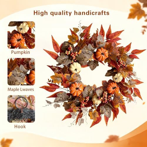22-24 Inch Fall Wreaths for Front Door, Artificial Autumn Leaf Wreath Decor - Image 5