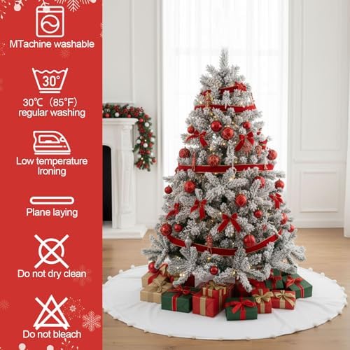 Libima Large White Faux Fur Christmas Tree Skirt with Pom Poms,72 Inch - Image 3