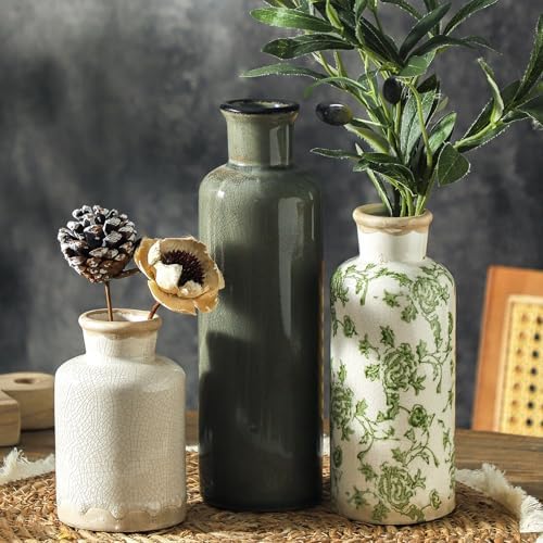 Vintage Vase Set of 3, Ceramic Vintage Flower Vases, Chinoiserie Decorative Home Decor Retro Floral Vase Rustic Farmhouse Decor for Table Bookshelf Mantel Kitchen Living Room Office - Green and Beige by ooit