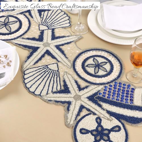 Beaded Table Runner - Handmade Glass Beads & Polyester Runner for Coffee & Dining Table, Elegant Star Pattern Decor for Home, Wedding, Holiday, Coastal or Boho Theme (Blue White) - ALPHA Living HOME - Image 2