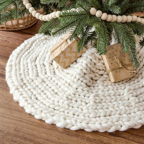 36 inch Christmas Tree Skirt: Chunky Knit Tree Skirt for 6ft Tree, Crochet Cream White Small Tree Skirt, Vintage Tree Skirts, Rustic Farmhouse Christmas Decorations by LimBridge