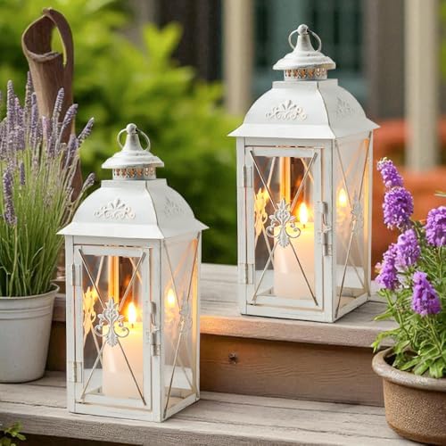 TRIROCKS Set of 2 Vintage Hanging Lantern - 13.5'' Decorative Metal & Tempered Glass Candle Holder - Ideal for Indoor/Outdoor Events, Patio, Garden, Parties White & Gold Brush Finish by TRIROCKS