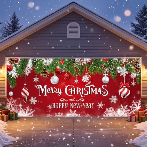 WovWeave 7 x 16 Ft Christmas Garage Door Cover, Happy New Year Red Ornament - Image 7