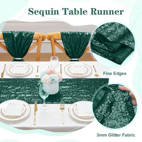 Sequin Table Runners 10 Pieces Emerald Green Table Runners 12x72 Inch Glitter Dining Table Cover for Party Wedding Birthday Reception Banquet Decoration Spring Party Chair Sashes - Image 3