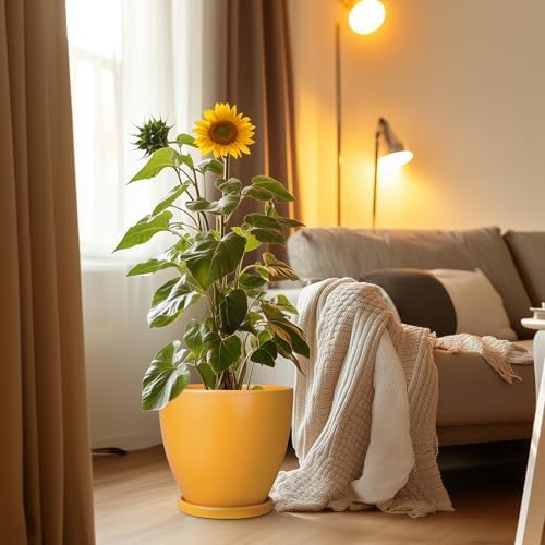 10 Inch Plant Pot - Ceramic Planter with Drainage Hole and Saucer, Modern Flower Pot, Round Planters for Indoor Plants, Home Patio Bathroom Porch Garden Living Room Decor, Orange - Image 4
