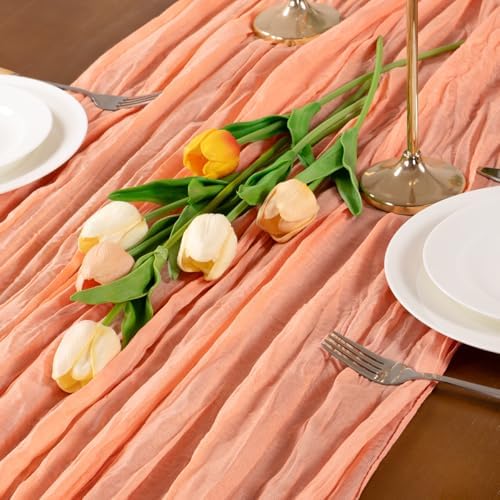 Peach Cheesecloth Table Runner Boho Wrinkled Gauze Table Runners - Image 5