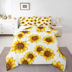 Sunflower Queen Size Bedding Set 3D Floral Botanical Comforter Set Yellow Flowers Bedding Comforter Sets Pastoral Sunflower Decor For Home Quilt Stylish Garden Theme Bedding With 2 Pillowcases, White by Erosebridal