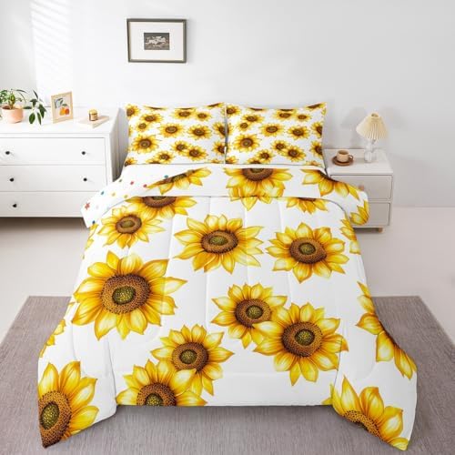 Sunflower Queen Size Bedding Set 3D Floral Botanical Comforter Set Yellow Flowers Bedding Comforter Sets Pastoral Sunflower Decor For Home Quilt Stylish Garden Theme Bedding With 2 Pillowcases, White by Erosebridal