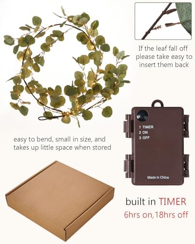 Fudios Lighted Twig Eucalyptus Garland 6FT 96 Warm White LED Battery Operated with Timer for Mantle Fireplace Wedding Party Spring Bedroom Decoration Indoor Outdoor Use - Image 4
