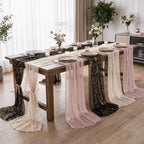 Artoid Mode 3PC Beige Black Pink Gauze Table Runner 120 Inch 10FT, Glitter Metallic Foil Sheer for Wedding Anniversary Holiday Birthday Home Party Decor - Image 5