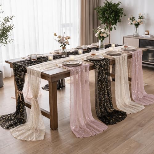Artoid Mode 3PC Beige Black Pink Gauze Table Runner 120 Inch 10FT, Glitter Metallic Foil Sheer for Wedding Anniversary Holiday Birthday Home Party Decor - Image 5