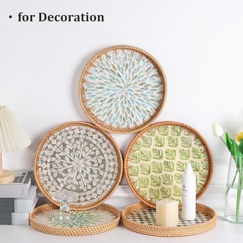 Round Rattan Tray with Mother of Pearl Inlay, Rattan Serving Tray for Coffee, Bread, Fruits, Decorative Wicker Tray for Table Decor, Home Decor, Kitchen Island Decor (Ambilight, 11.8") - Image 3