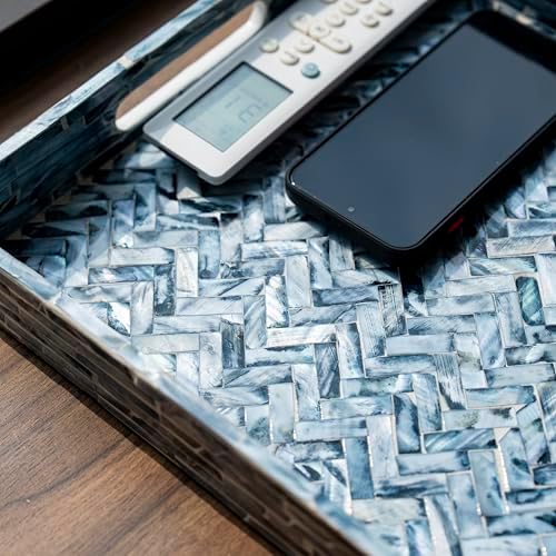 PEMAR Mother of Pearl Square Tray 12x12, Smoky Blue Herringbone Tray - Image 6