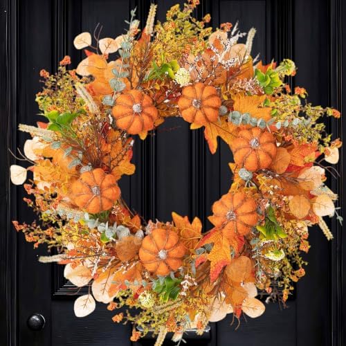 24 Inch Orange Fall Wreath, Woven Pumpkin Artificial Autumn Wreath with Maple Leaves, Eucalyptus, Berries and Grapevine Base for Front Door, Thanksgiving, Farmhouse Decor by Unknown
