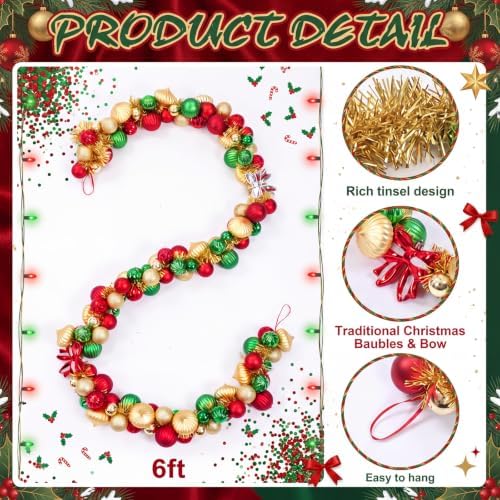 Thiccywoov 6 ft Christmas Ball Garland Ornament with Bows Decorations - Image 2
