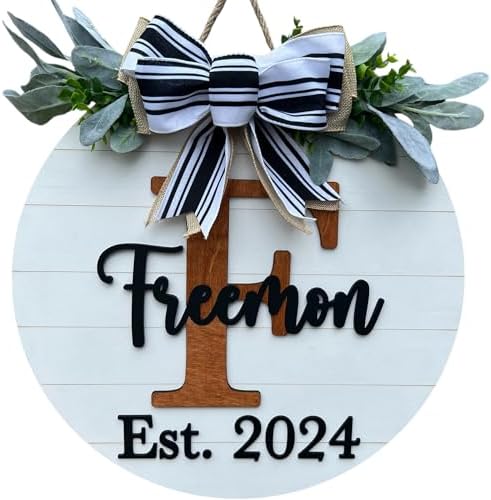 Wood front door sign Wood sign Home decor Welcome sign Sign for front door House warming gift Wedding gift (Last name-DS015(A1) S007, 18" Width) by Unknown