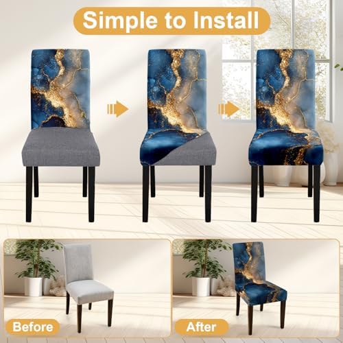 Luxury Blue Marble Chair Covers Set of 6,Stretchable Kitchen Dining Room Chair Covers Decorations Removable Washable Dining Chair Slipcovers Chair Protectors for Dining Room & Kitchen - Image 4