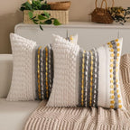 Boho Chenille Tufted Couch Throw Pillow Covers 18x18 Inch Set of 2 Farmhouse Striped Decorative Pillow Covers Accent Neutral Pillowcase Grey Yellow Cushion Cover for Living Room Sofa Bed by KOOLIFE
