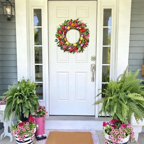 Spring Wreath 22 Inch Artificial Summer Wreaths Tulip Wreath for Front Door with Yellow Tulip Eucalyptus Leaves purple Lavender for Mother's Day Indoor Wall Festival Farmhouse Wedding Decor - Image 4