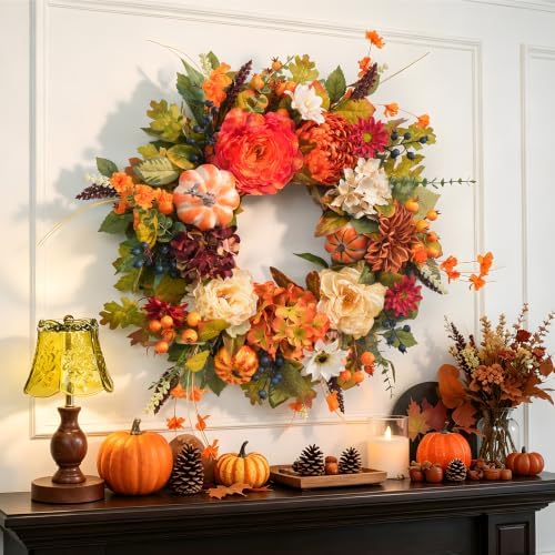 Fall Wreaths for Front Door 24 Inch Autumn Rustic Harvest Pumpkin Wreath - Image 4