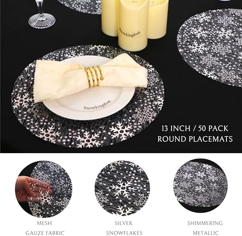 Snowkingdom 50pcs Silver Snowflake Placemats White Round Disposable 13" - Image 4