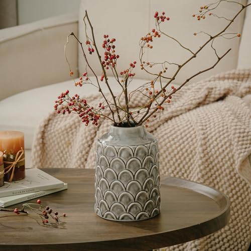 Ceramic Flower Vase, 7.28” Rustic Farmhouse Decorative Vase for Home Decor, Gray Textured Pottery Vase for Pampas Grass, Living Room, Entryway, Mantel, Kitchen Table, Centerpiece - Image 5