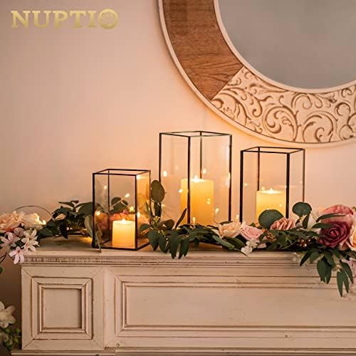 Nuptio Glass Hurricane Candle Holder for Pillar Candles 3 Pcs Black Metal Candle Holders Large Rectangular Candleholder Vase Centerpieces Decoration for Halloween Christmas Party 9.5 & 8.1 & 6.5 inch - Image 5