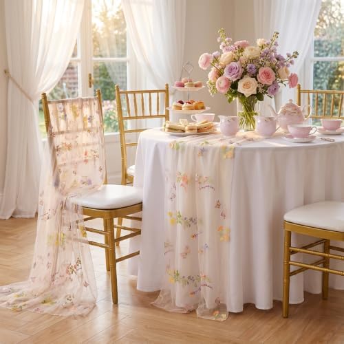 QueenDream Beige Apricot Floral Table Runner 10FT Spring with Embroidery Tulle Wildflower - Image 3