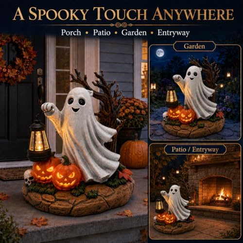 Solar Halloween Ghost Figurine Light, Lighted Resin Ghost Statue with Lantern and Pumpkins, Outdoor Garden Decor for Porch, Yard and Patio, Seasonal Landscape Decoration - Image 6