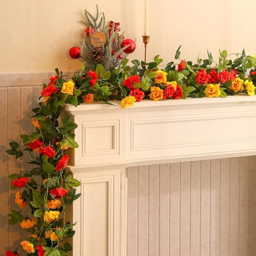 Floweroyal 4 Pack Artificial Flower Garlands 15.8FT Fake Rose Vines Silk Flowers Hanging Rose Ivy for Wedding Arch Party Home Garden Wall Decor (Orange Yellow) - Image 6