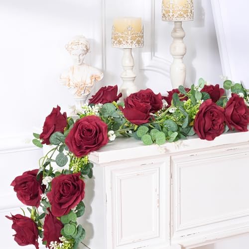 Dolicer 4Pcs 26Ft Artificial Eucalyptus Garlands with Flowers - 8 Roses, Faux Floral Greenery Garlands Fake Flowers Vines for Wedding Table Centerpieces Arch Party Ceremony Backdrop Decor (Red) - Image 4