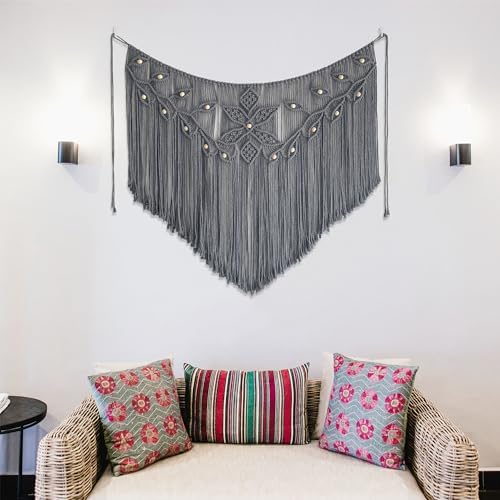 Youngeast Macrame Wall Hanging Large Macrame Curtains Leaf Shape Beads Wall Decor Boho Tassel Wall Art Woven Tapestry Headboard Backdrop Gray - Image 2