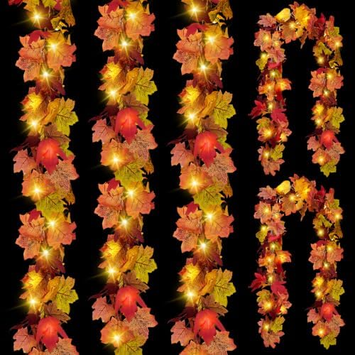 CQURE 5 Pack Fall Leaf Garland with Lights, Fall Vines Autumn Garland LED Lights Artificial Maple Fall Leaves Thanksgiving Decor for Home Wedding Fireplace Party by CQURE