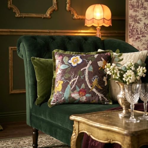 GUMAS Original Luxurious Floral and Bird Print Velvet Throw Pillow, Cushion Cover with Vintage Chinese Style Design (1, Brown Cover) - Image 2