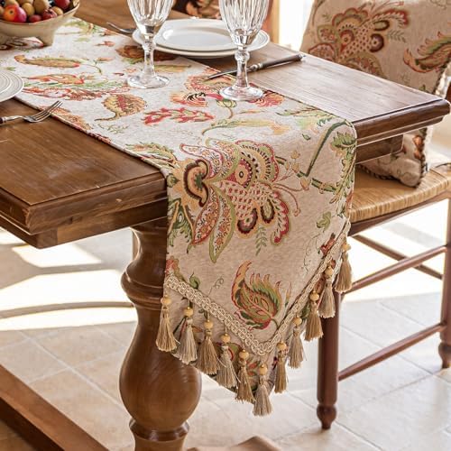 Floral Embroidered Table Runner 90 Inches Non-Slip Tassels, Ivory - Image 6