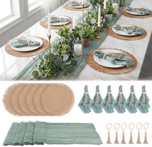 Frienda 6 Pcs Boho Woven Placemat Set with Runner, Napkin Rings, Sage Green by Frienda