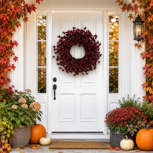 24 Inch Burgundy Fall Wreaths for Front Door, Artificial Forsythia Wreath - Image 4